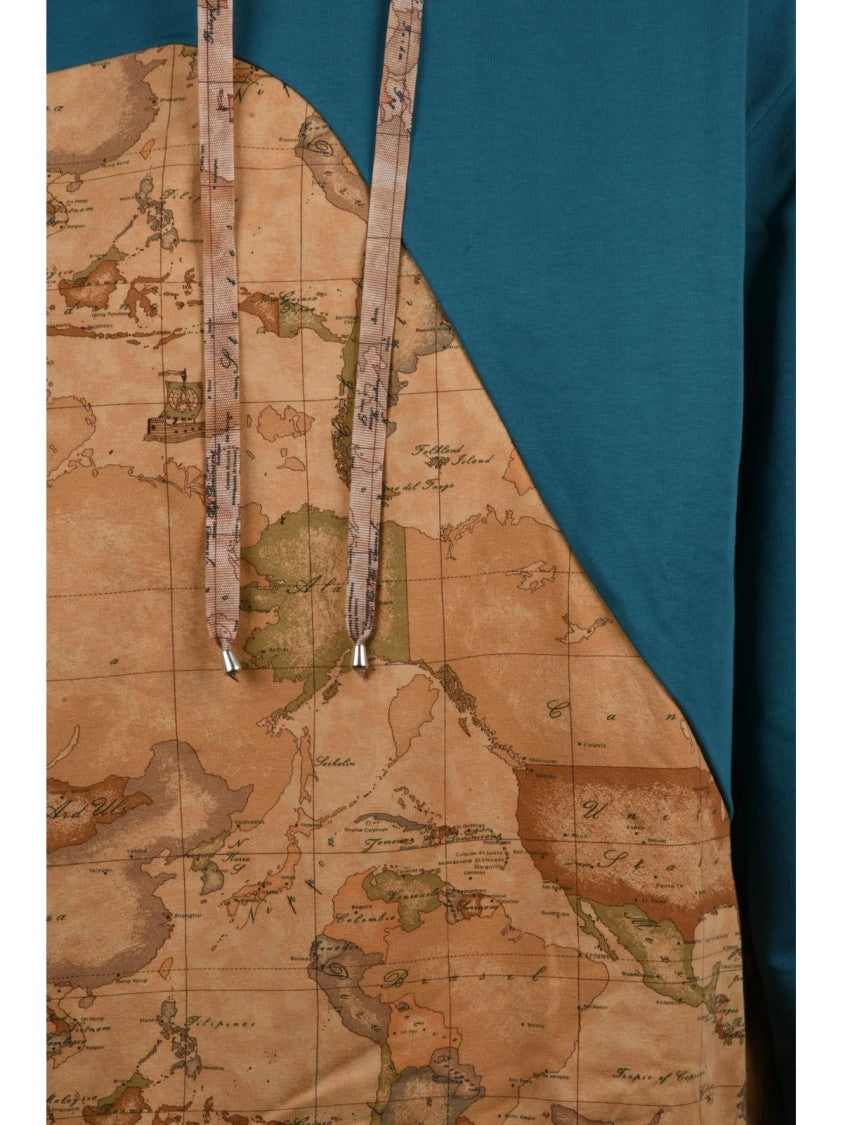 1 Classe Destination Green/Brown Map Print Stretch Cotton Hoodie