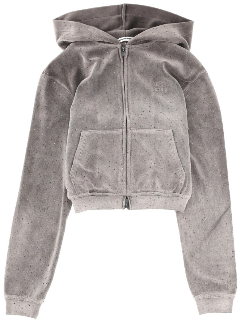 T By Alexander Wang Neutral Cropped Zip-Up Perforated Hoodie