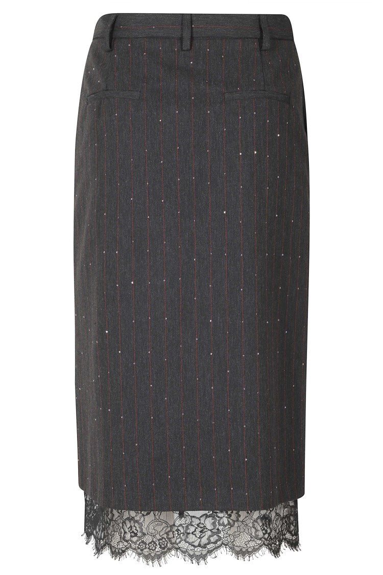 Ermanno Firenze Charcoal Pinstripe Lace Trim Skirt