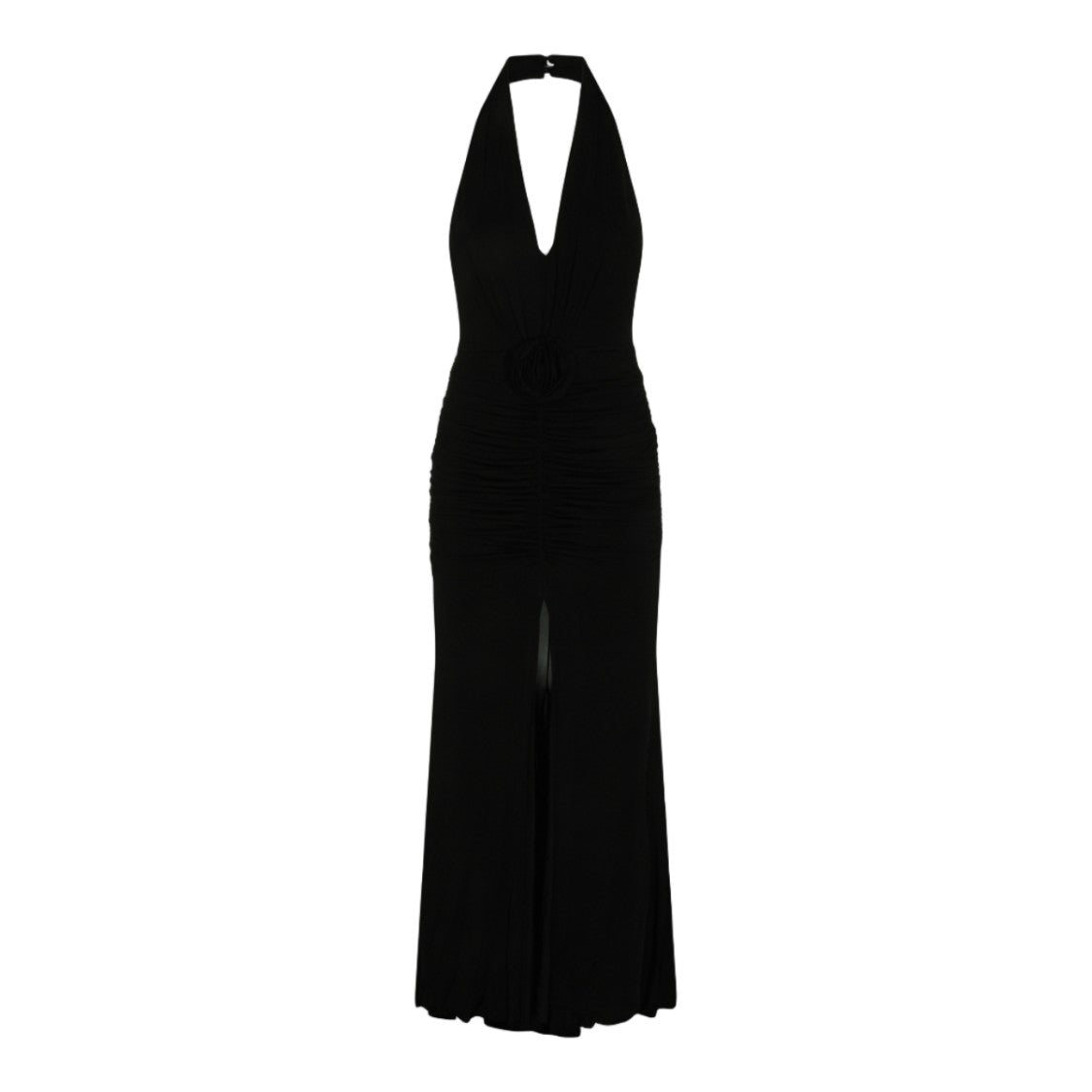Blumarine Plunging Halter Neck Black Maxi Dress With Ruched Detailing