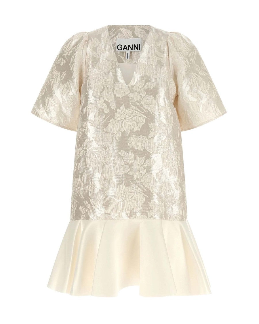 Ganni Mini Satin Cloqué Dress With V-Neck