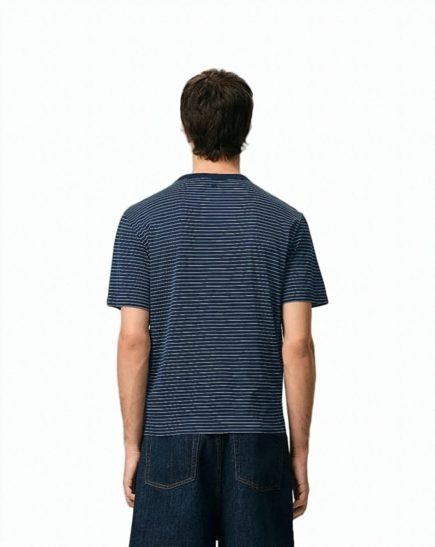 Ami Paris Navy Blue Cotton T-Shirt With Striped Design