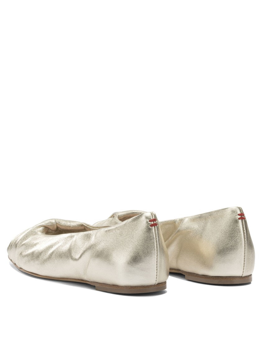 Halmanera Gold Leather Ballerinas With Pleated Detailing