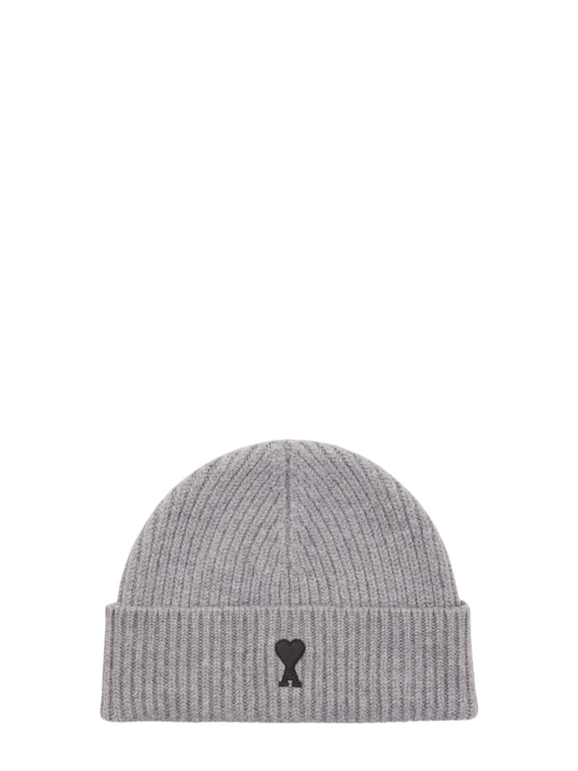 Ami Paris Grey Ribbed Knit Folded Cuff Beanie