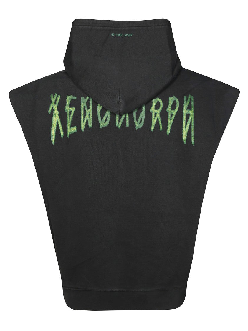 44 Label Group Cropped Sleeveless Black Hoodie With Graphic Designs