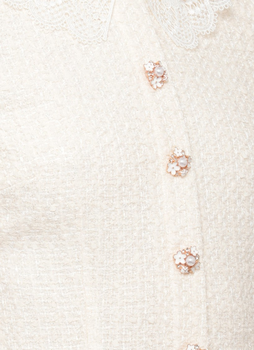 Self-Portrait Ivory Boucle Lace Mini Dress With Jewel Button Accents
