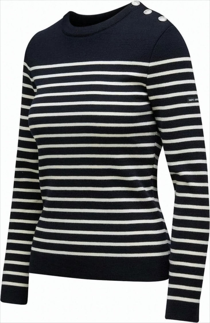 Saint James Horizontal Stripe Wool Sweater With Button Detail