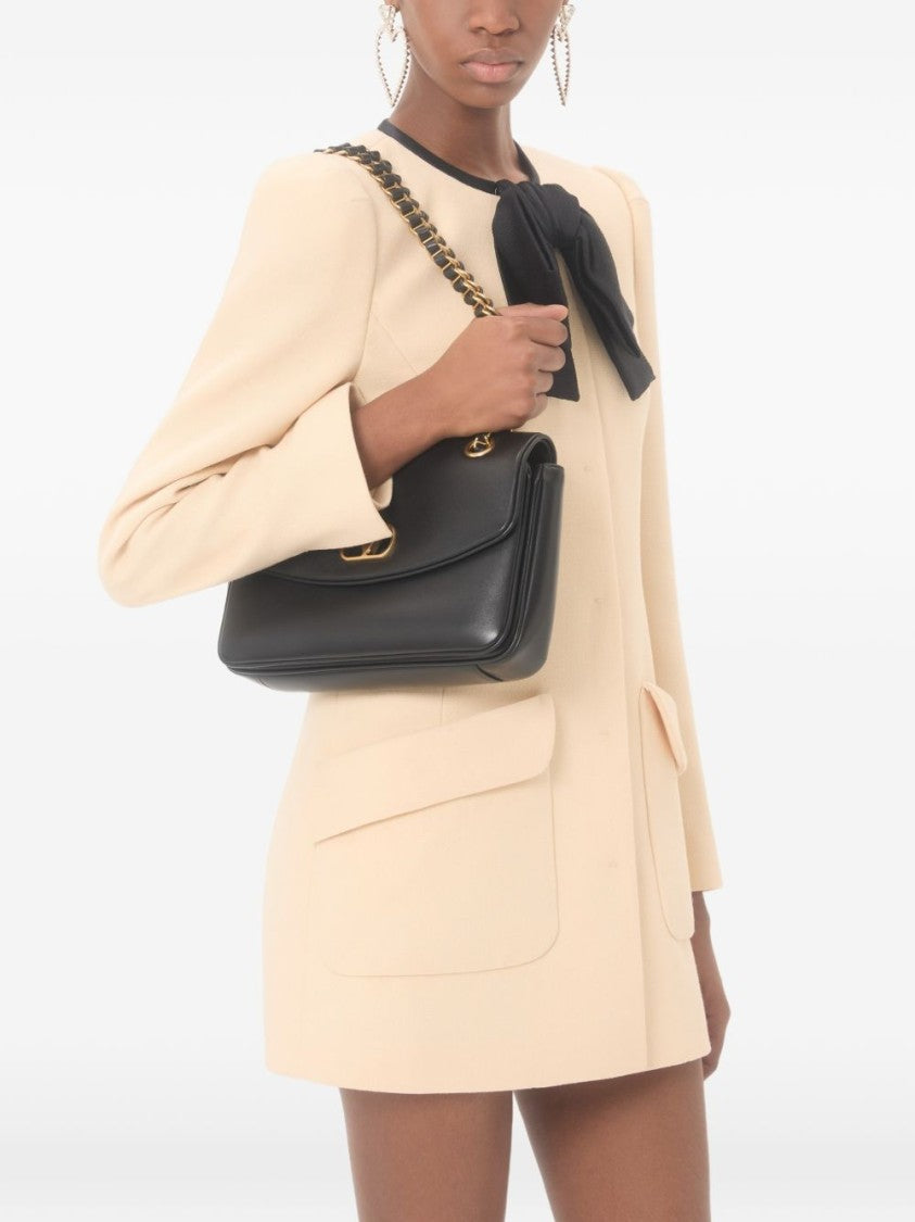 Valentino Garavani Black Structured Leather Gold-Tone Emblem Shoulder Bag
