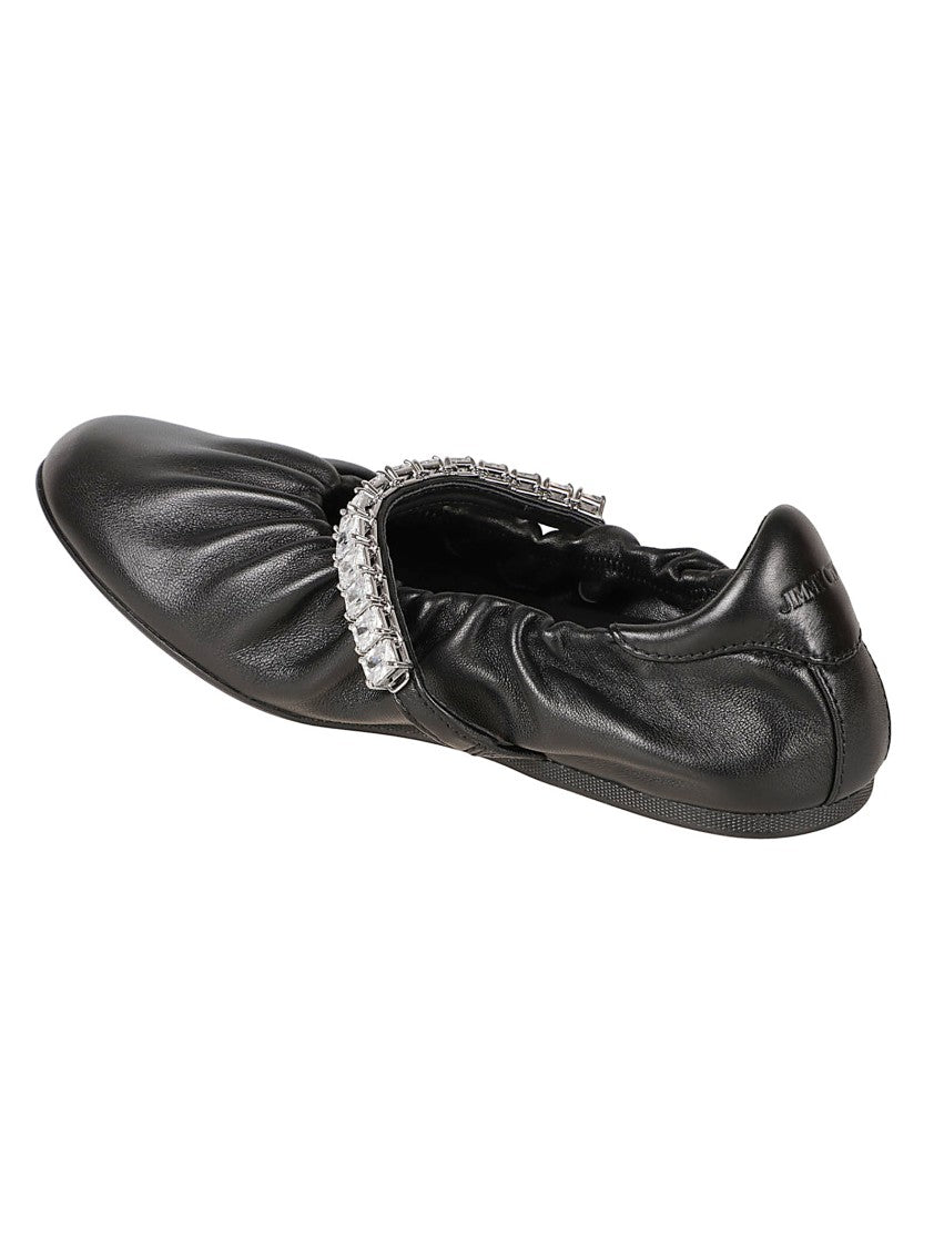 Jimmy Choo Black Leather Flats With Ruched Design And Crystal Embellishments