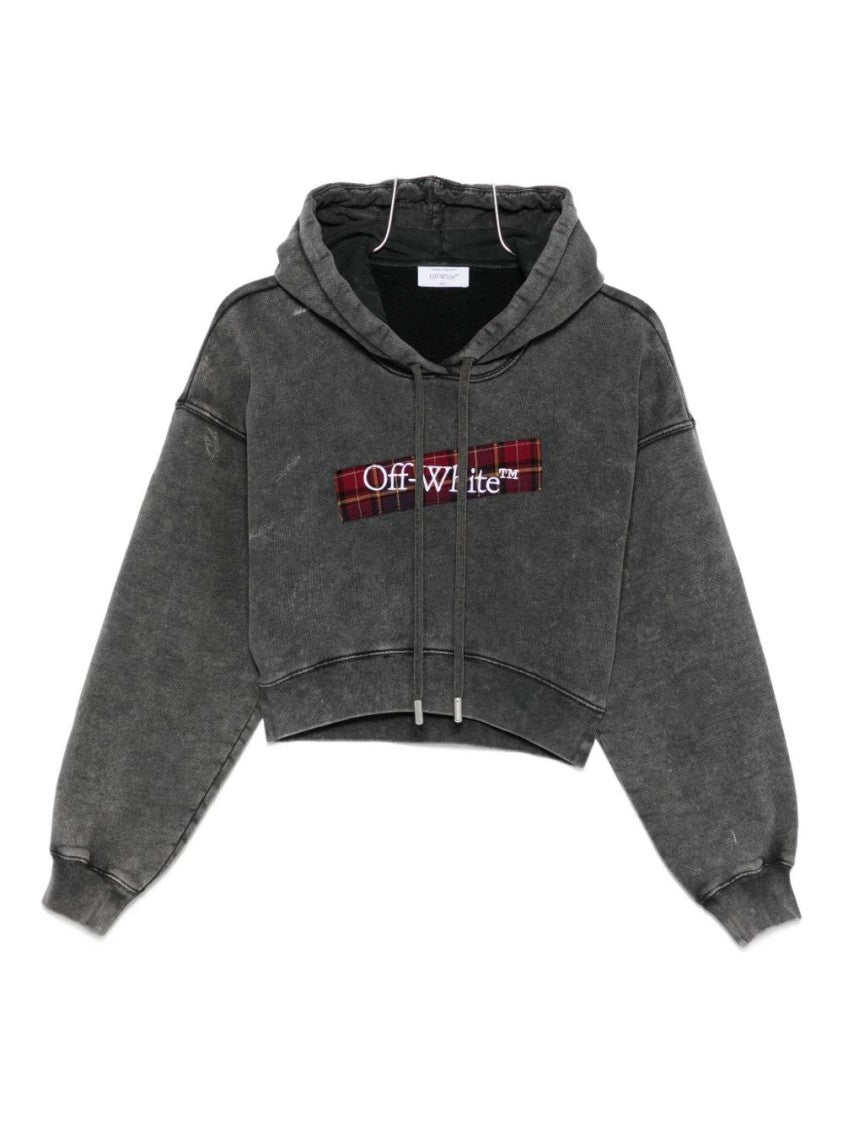 Off-White Cropped Black Hoodie With Red Tartan Patch