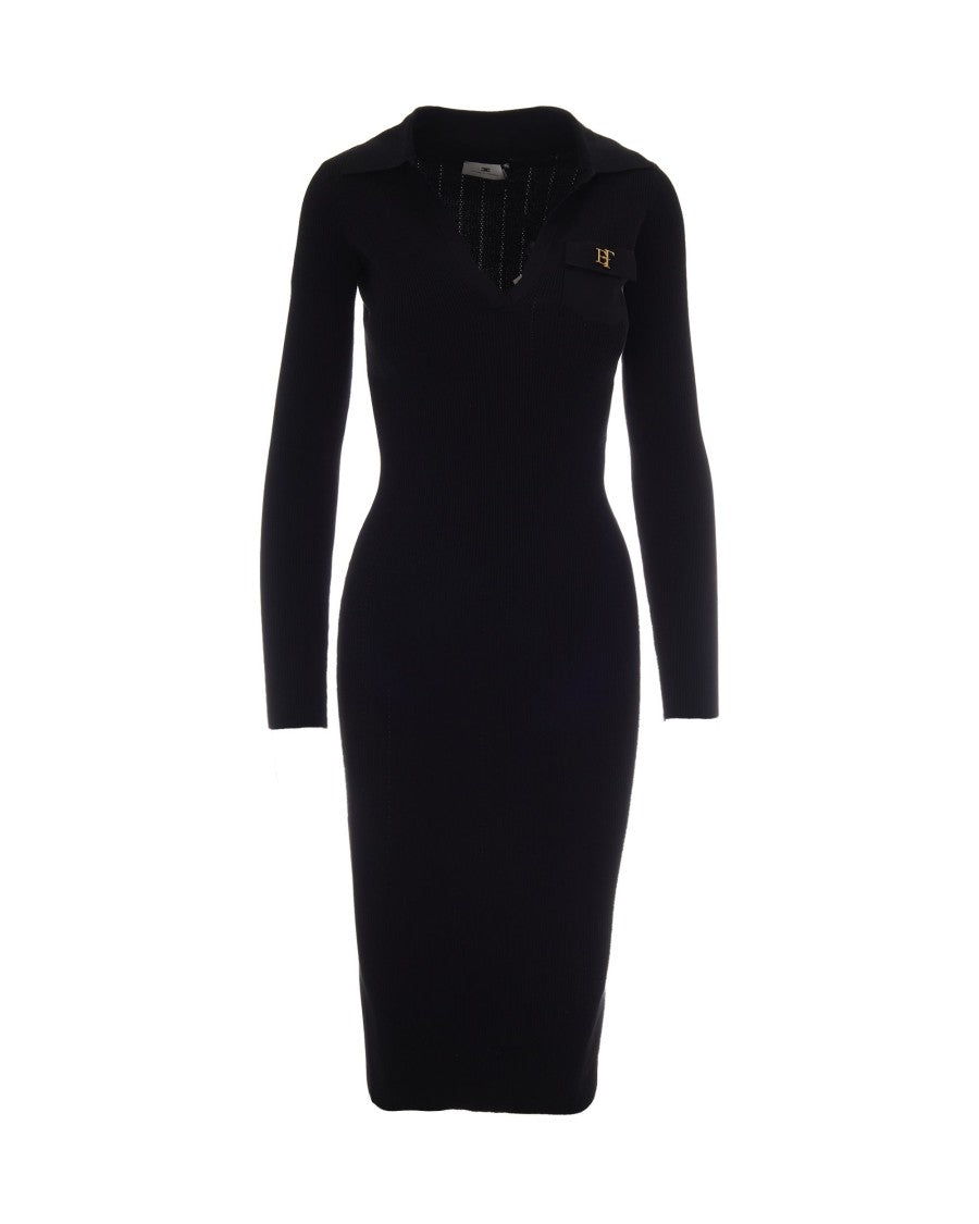 Elisabetta Franchi Long Knit Dress With Polo Collar And Embroidered Details