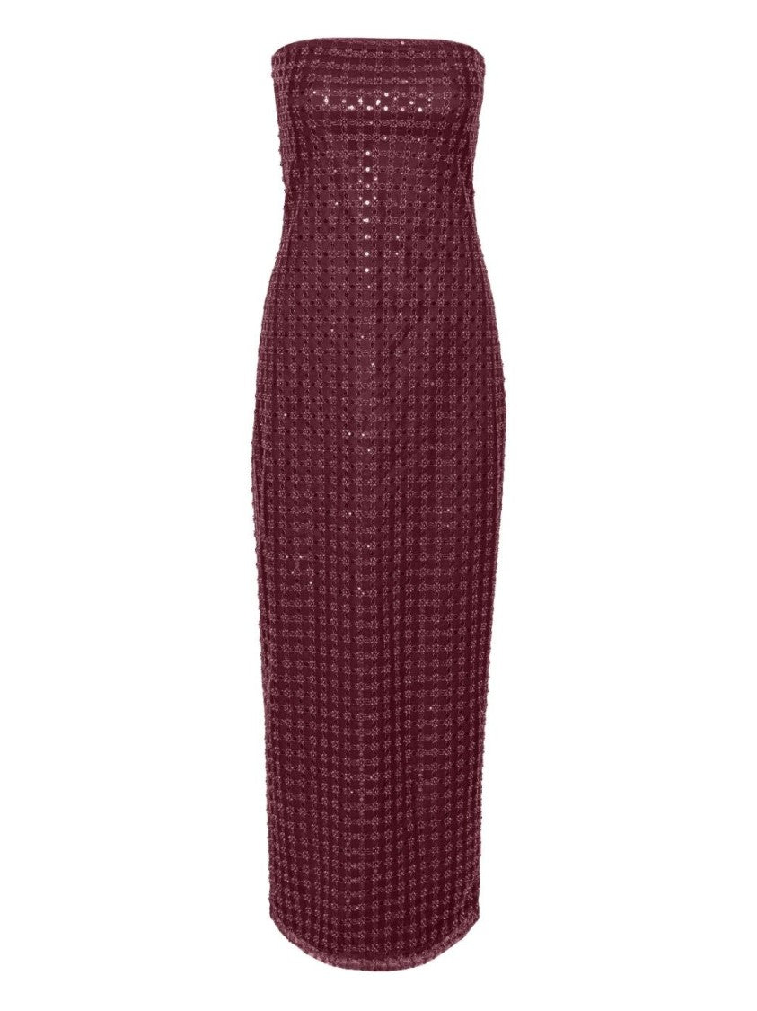 Rotate Floor-Length Burgundy Strapless Evening Dress With Sequined Detailing