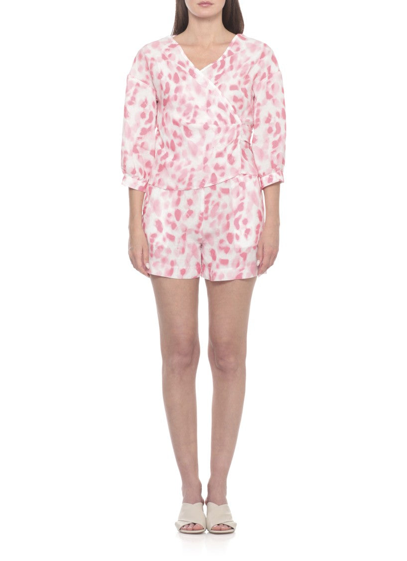 120% Lino White Pink Print Linen Blouse