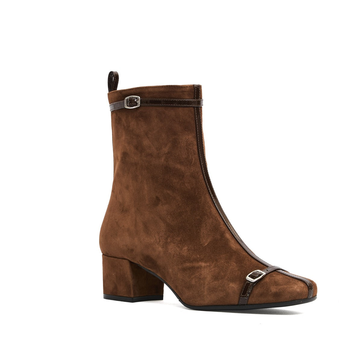 Carel Paris Brown Suede Ankle Boots With Decorative Buckled Straps