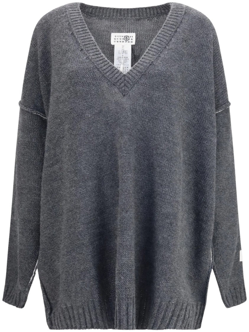 Mm6 By Maison Margiela Textured Grey V-Neck Sweater With Relaxed Fit