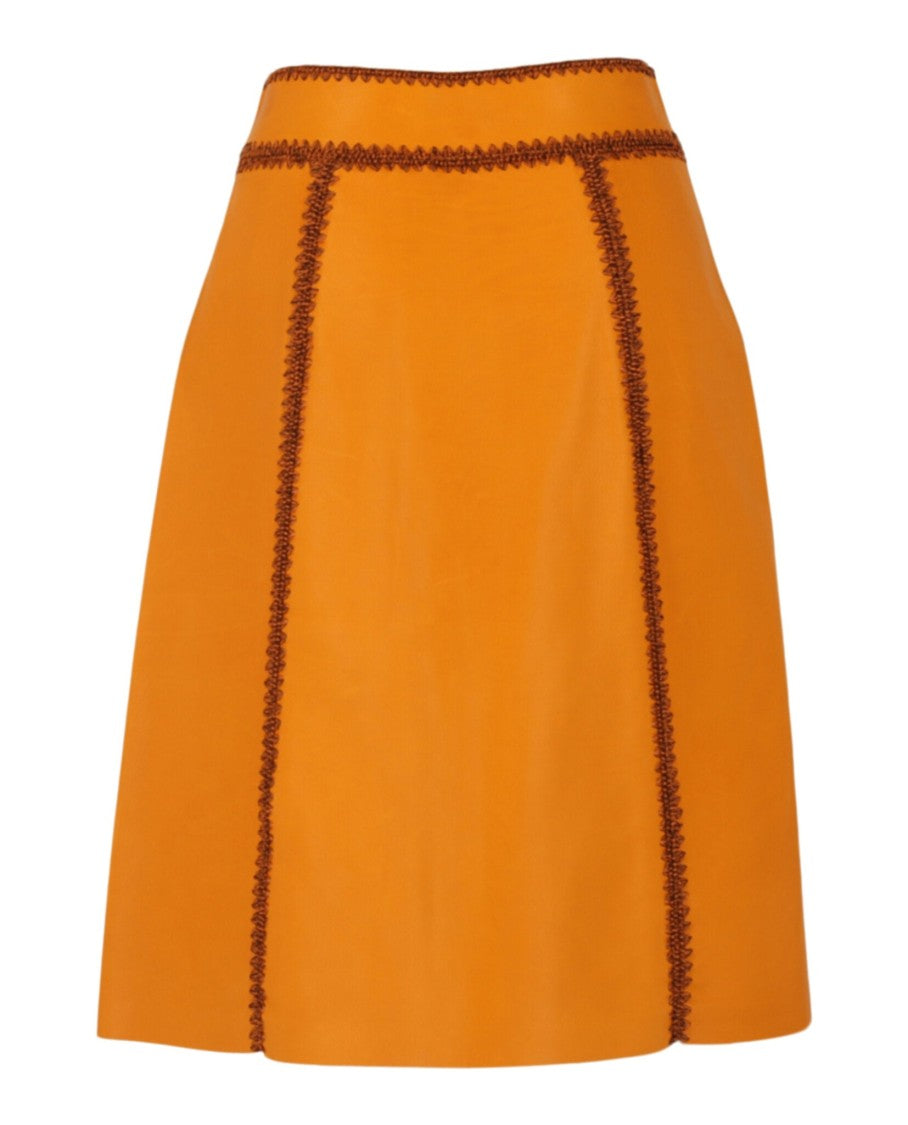 Bottega Veneta Mid Rise Calfskin Leather Zip-Up Skirt With Contrast Woven Detail