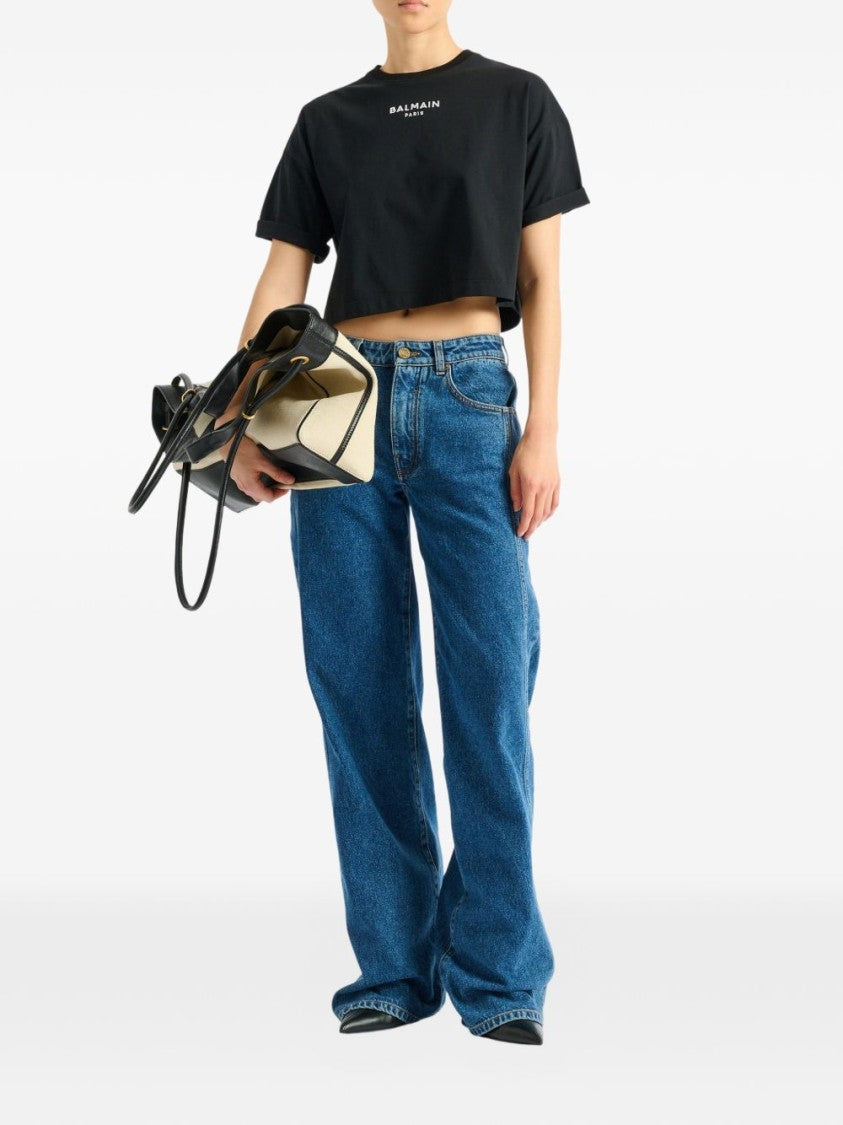 Balmain White Embroidered Cropped Contrasting Logo T-Shirt