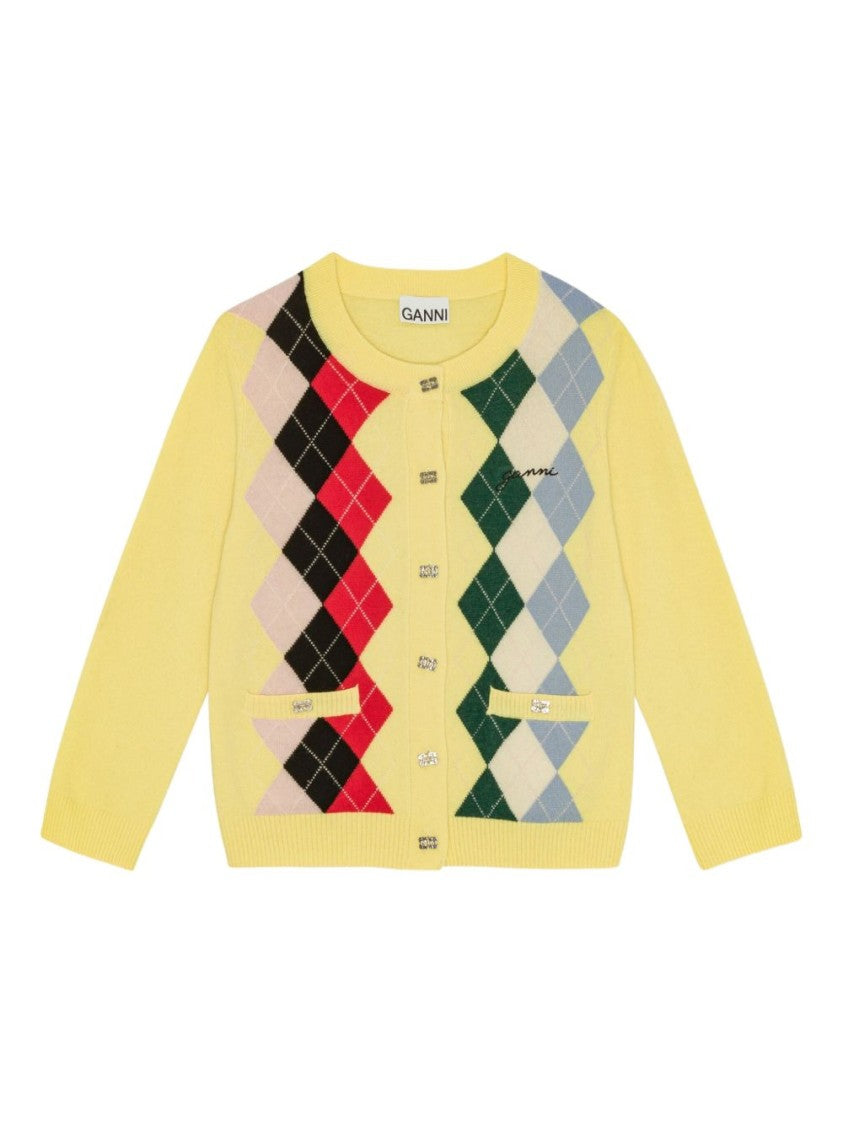 Ganni Multi-Color Check Cardigan With Silver-Tone Button Closure