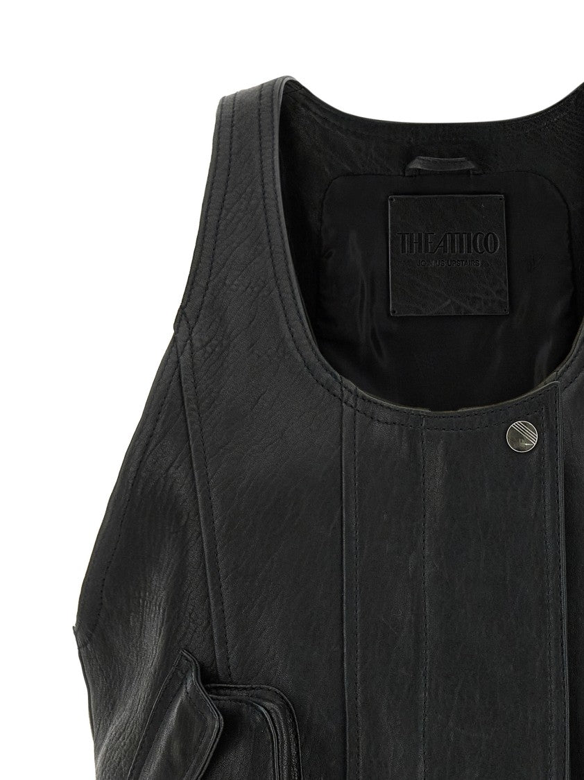 The Attico Hammered Leather Blouson Vest With Ribbed Knit Hem