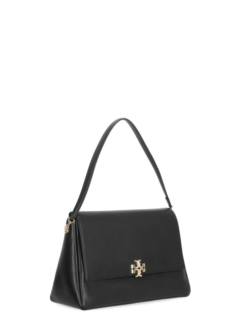 Tory Burch Black Trapezoidal Gold Logo Leather Shoulder Bag