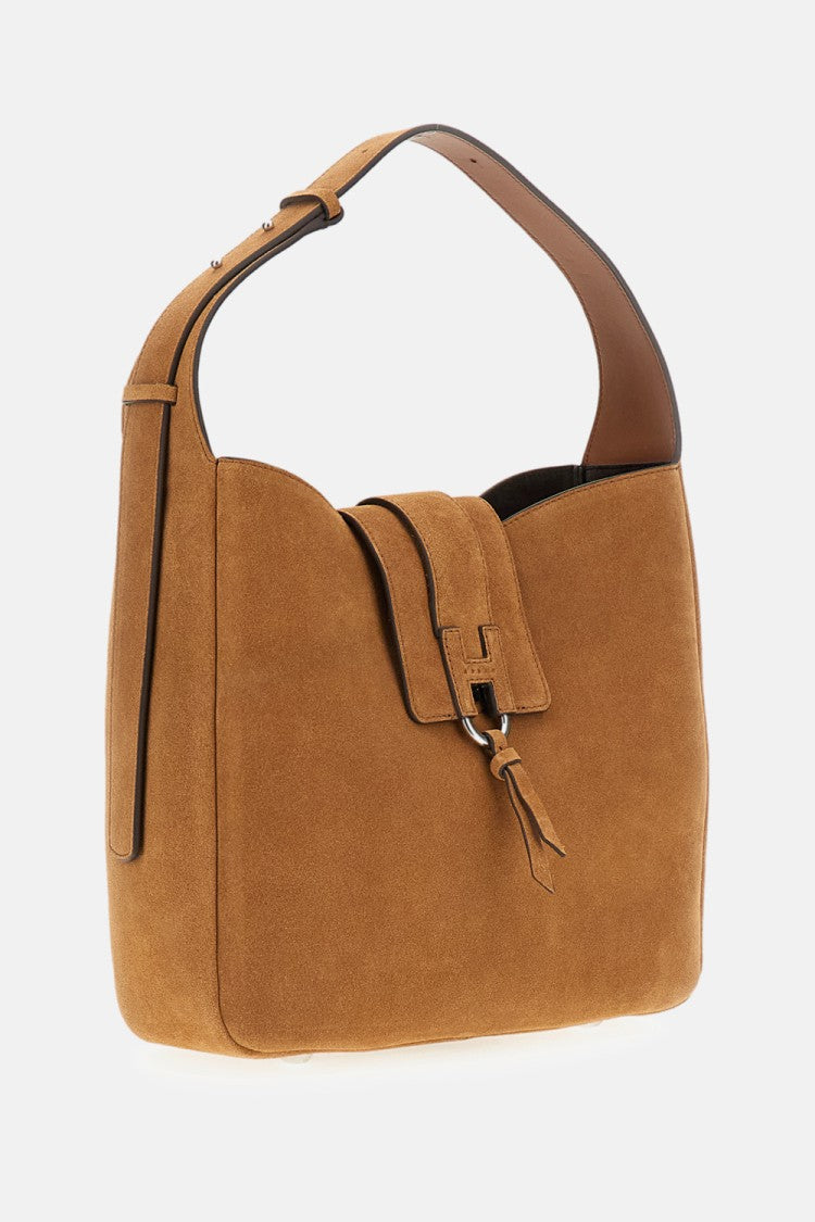 Hogan Premium Suede Leather Hobo Bag With Embossed Detail