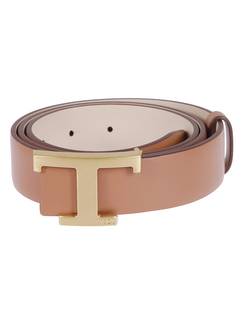 Tod's Natural Kenyan Leather Belt With Iconic T Buckle