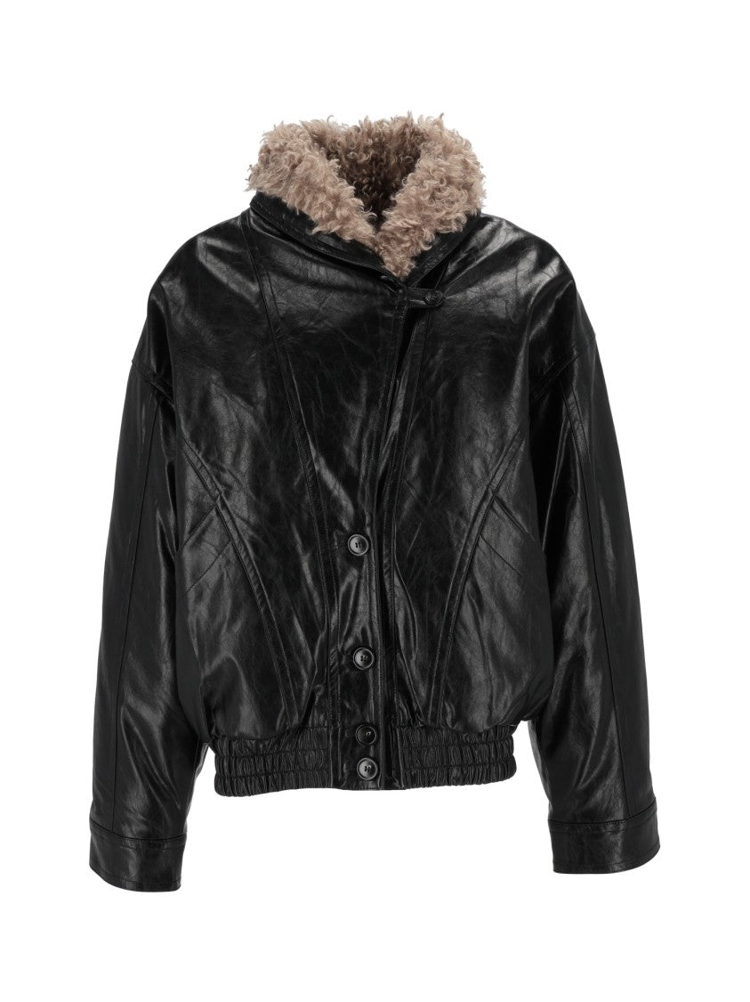 Eleh Black Glossy Shearling Collar Cropped Jacket