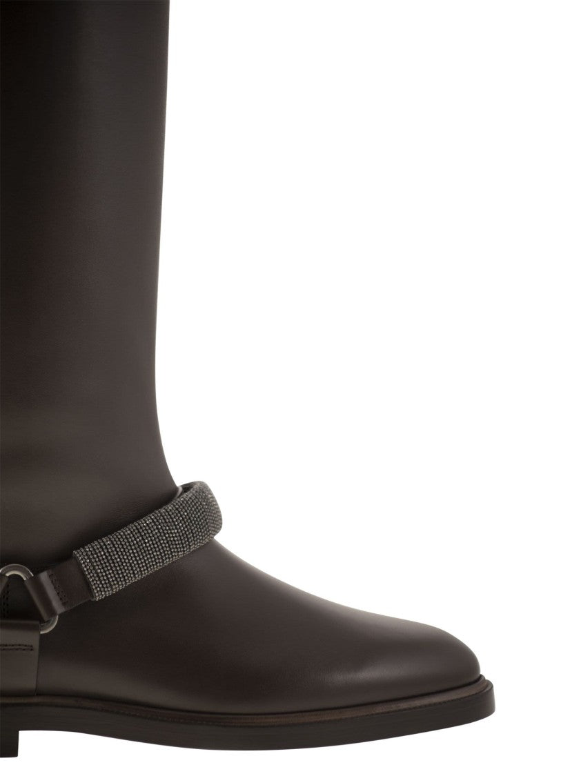 Brunello Cucinelli Mat Calf Boots With Precious Ribbed Strap