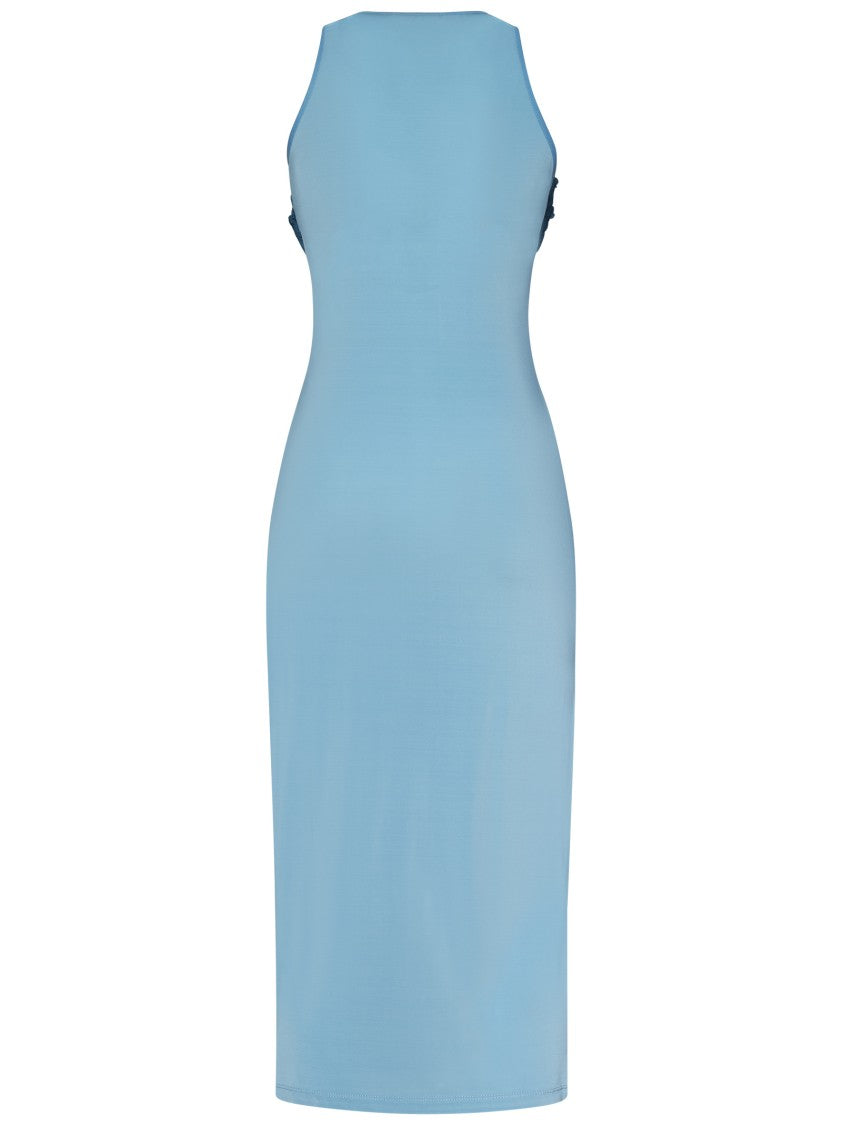 Nensi Dojaka Fitted Blue Dress With Delicate Ruffle Neckline