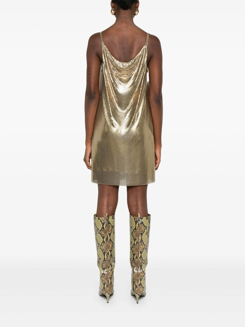 Versace Metallic Mesh Mini Dress With Draped Neckline