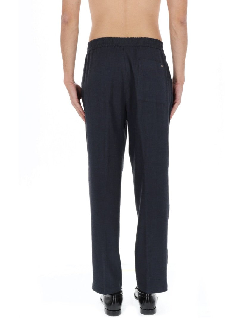 Herno Black Tapered Front Pleats Linen-Blend Formal Pants