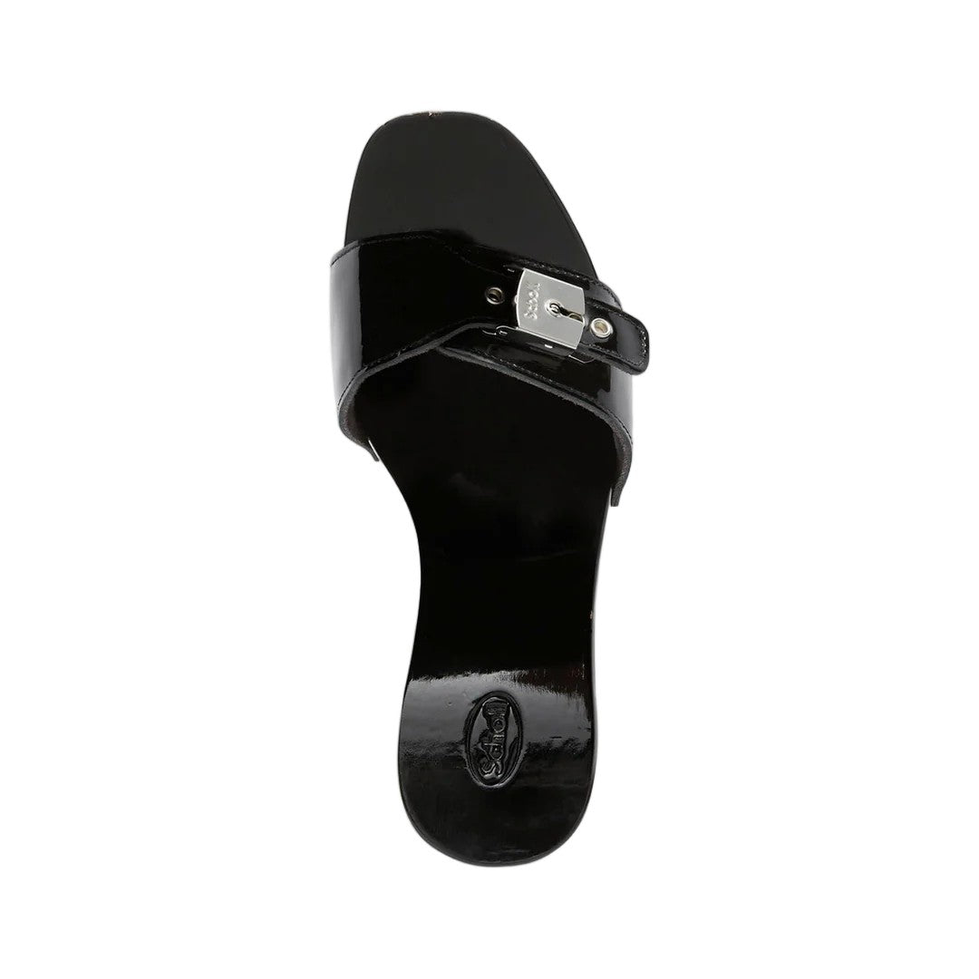 Scholl High-Heeled Wooden Sole Lacquered Suede Sandals