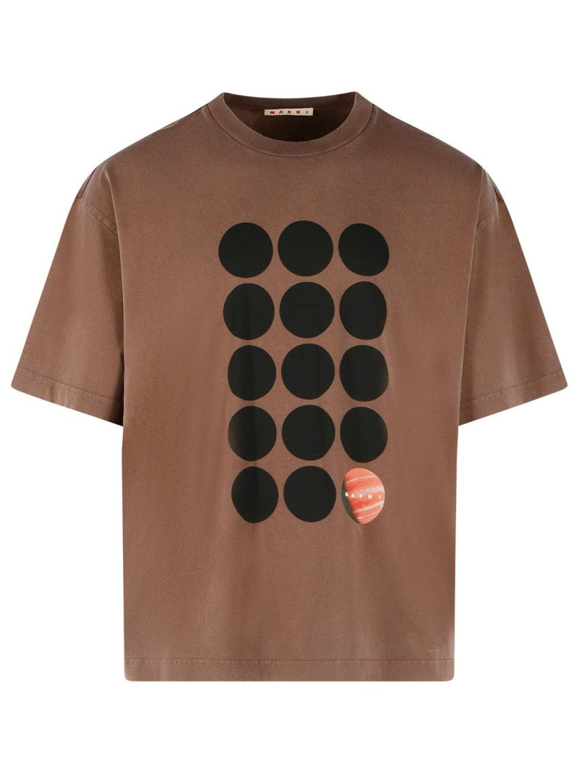Marni Brown Polka Dot Planet Print Cotton T-Shirt