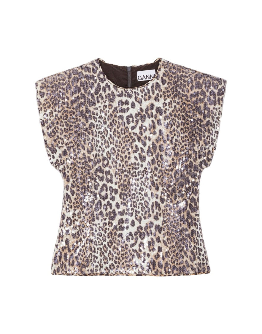 Ganni Leopard Print Sequin-Embellished Top With Structured Shoulders