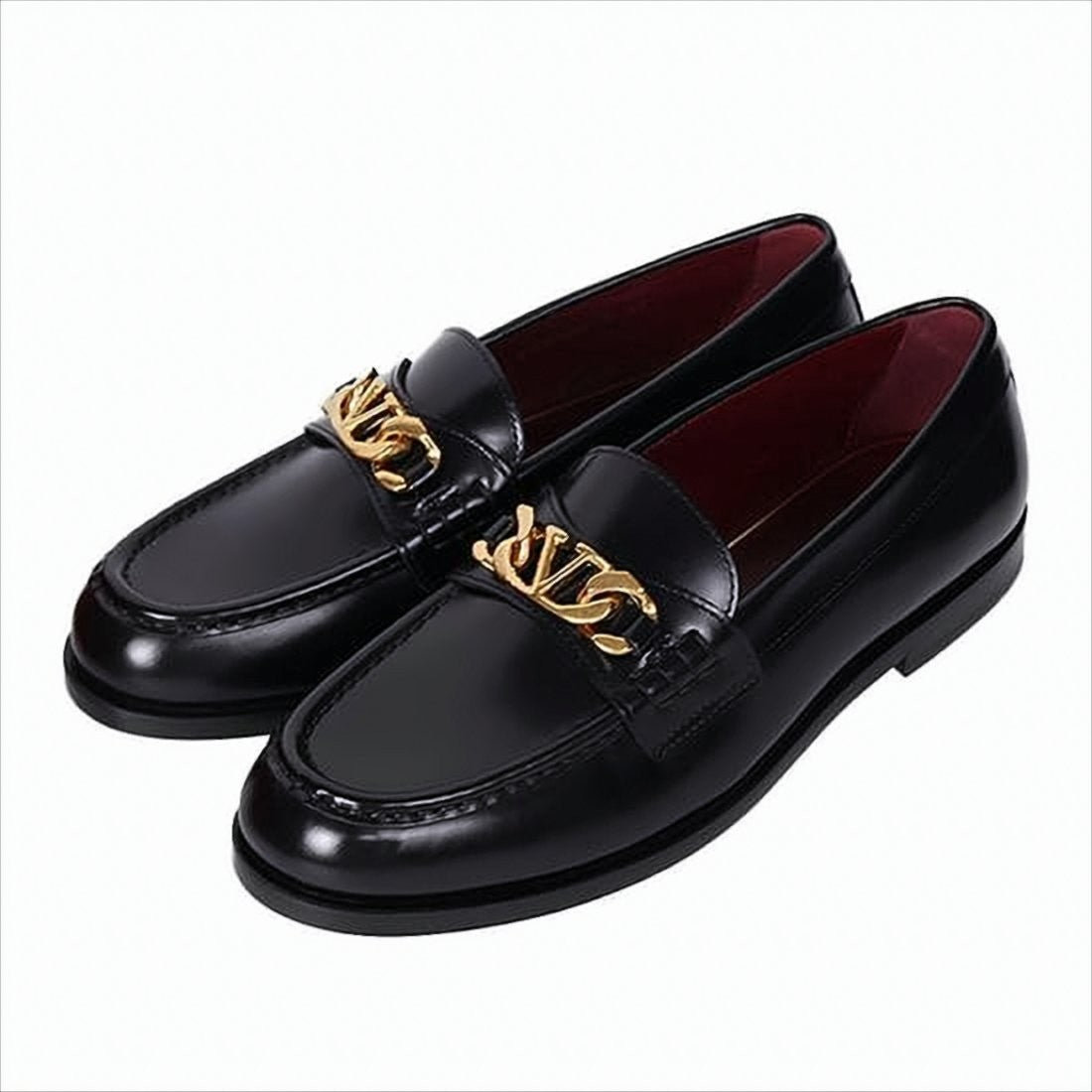 Valentino Garavani Polished Black Leather Loafers With Gold-Tone Chain Detail