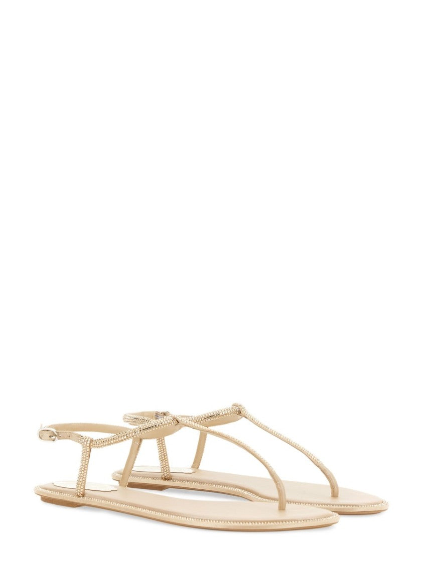 René Caovilla Diana Minimalist Embellished Flat Leather Sandals