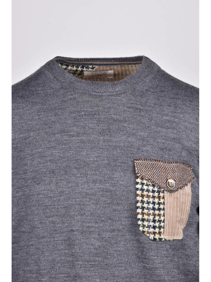 Bob Grey Houndstooth Pocket Wool-Blend Crewneck Sweater