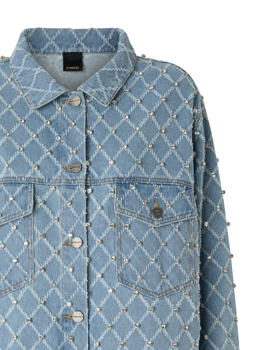 Pinko Denim Jacket With Diamond Pattern And Rhinestones