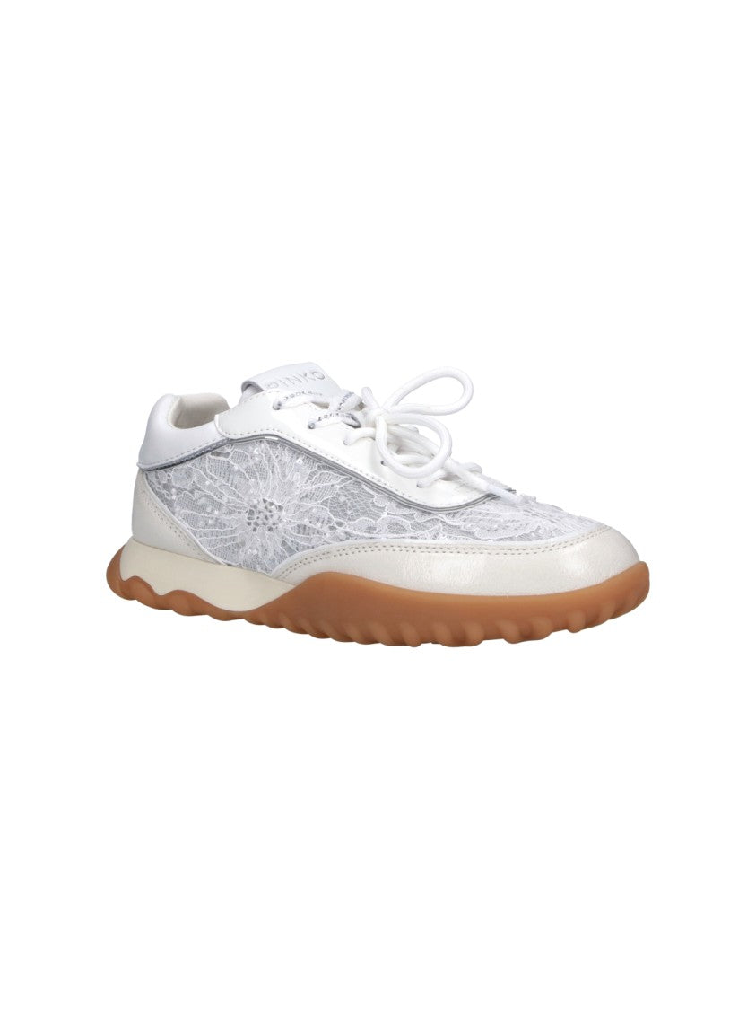 Pinko White Ariel Lace Detail Leather Sneakers