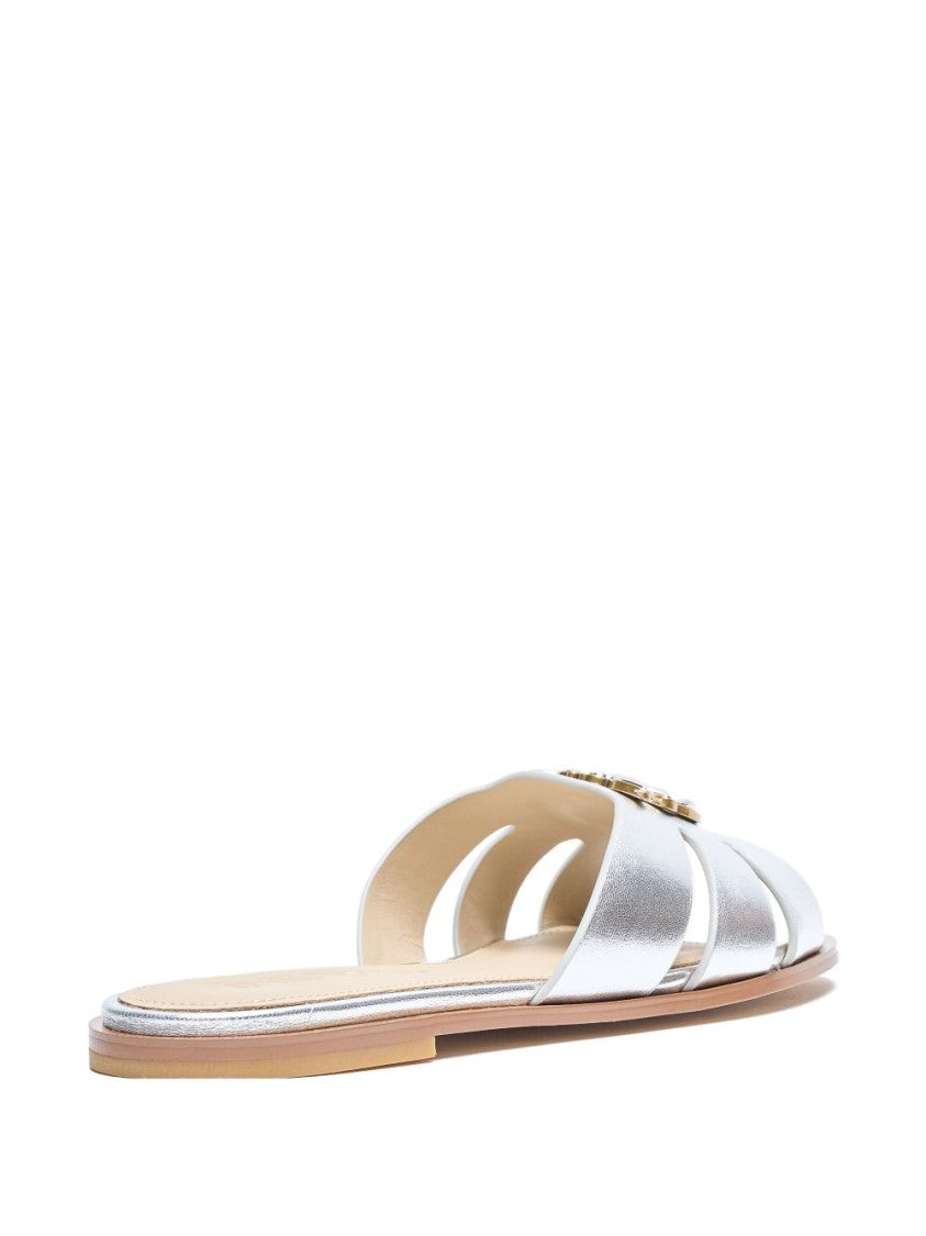 Pinko Silver Logo Detail Leather Sandals