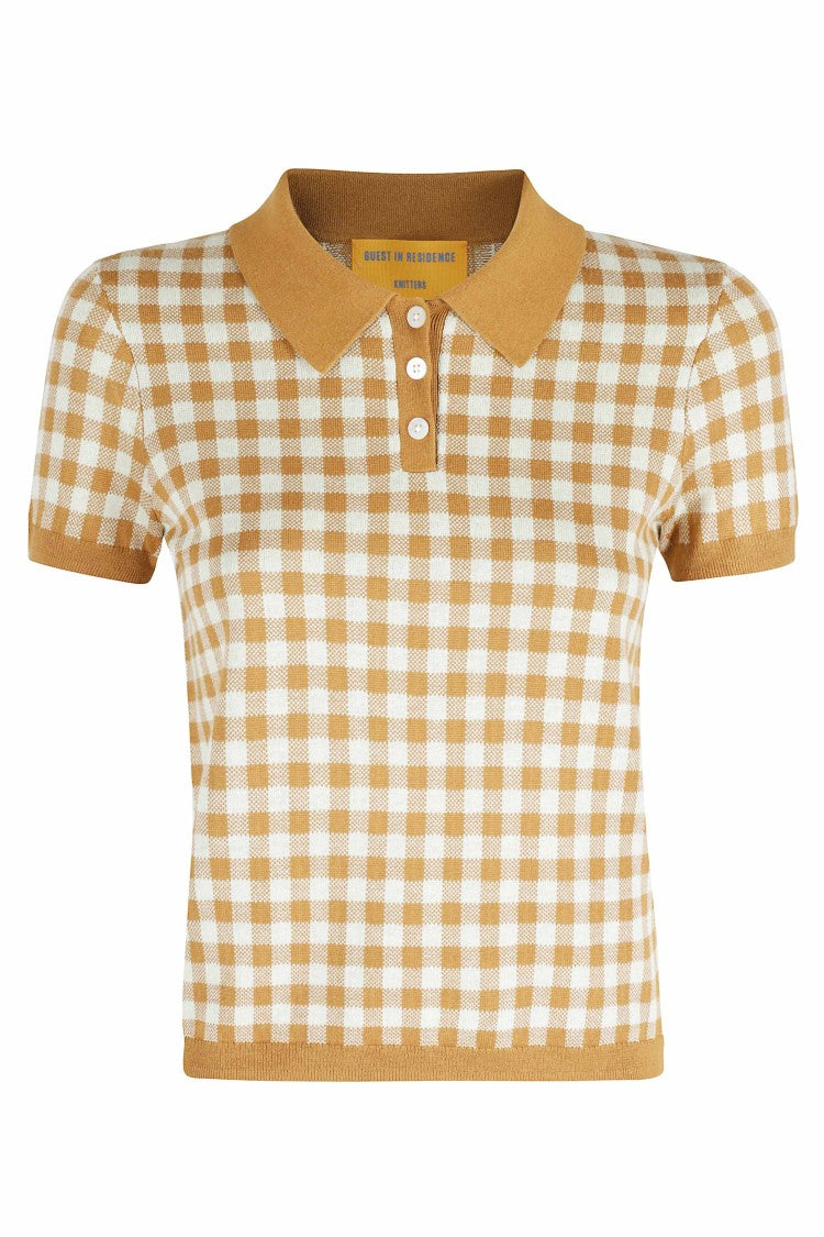 Guest In Residence Orange Gingham Shrunken Checkered Ribbed-Trim Silk-Blend Polo Shirt