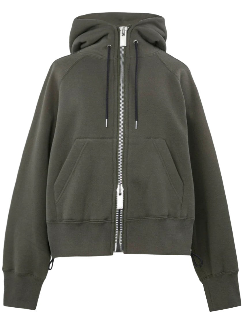 Sacai Cropped Boxy Hooded Sweatshirt With Front Zipper And Ribbed Detail
