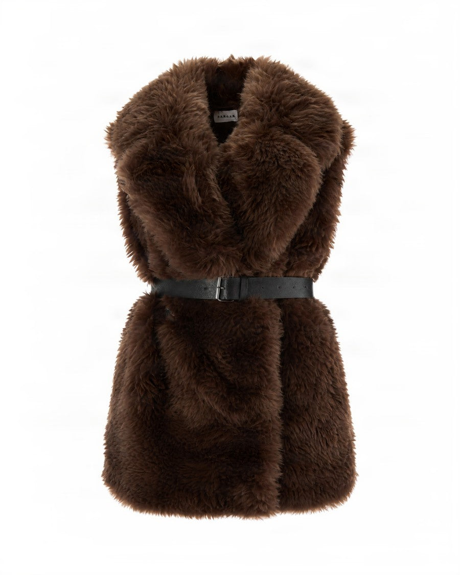 P.A.R.O.S.H. Faux Fur Sleeveless Vest With Waist Belt And Voluminous Collar