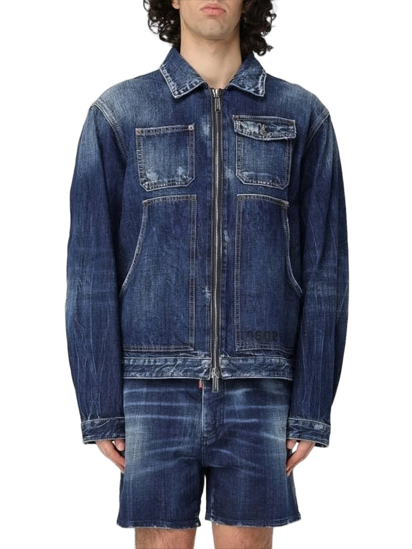 Dsquared2 Distressed Denim Jacket With Classic Collar