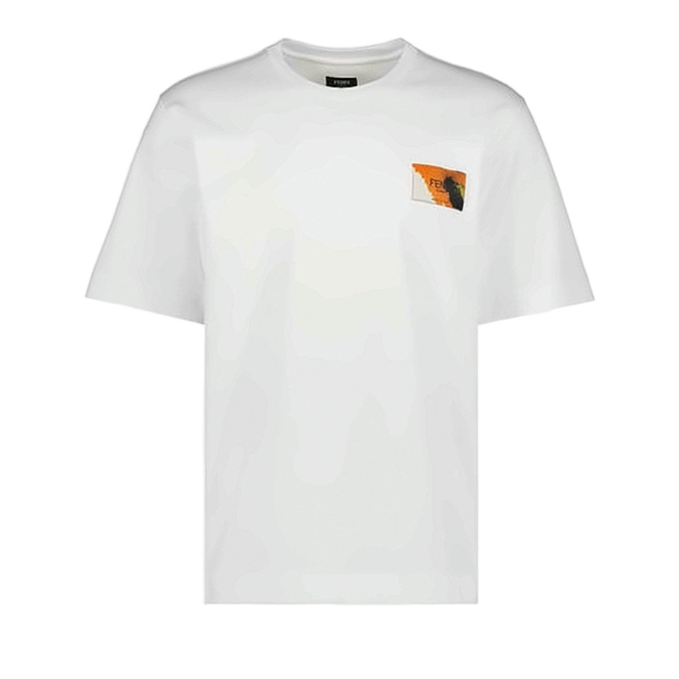 Fendi Minimalist White T-Shirt With Colorful Patch Detail