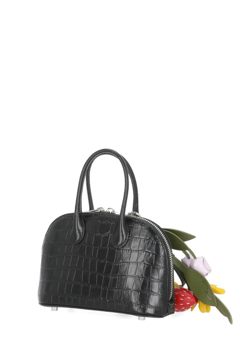 Self-Portrait Textured Black Crocodile-Embossed Handbag With Dual Cursors And Charms
