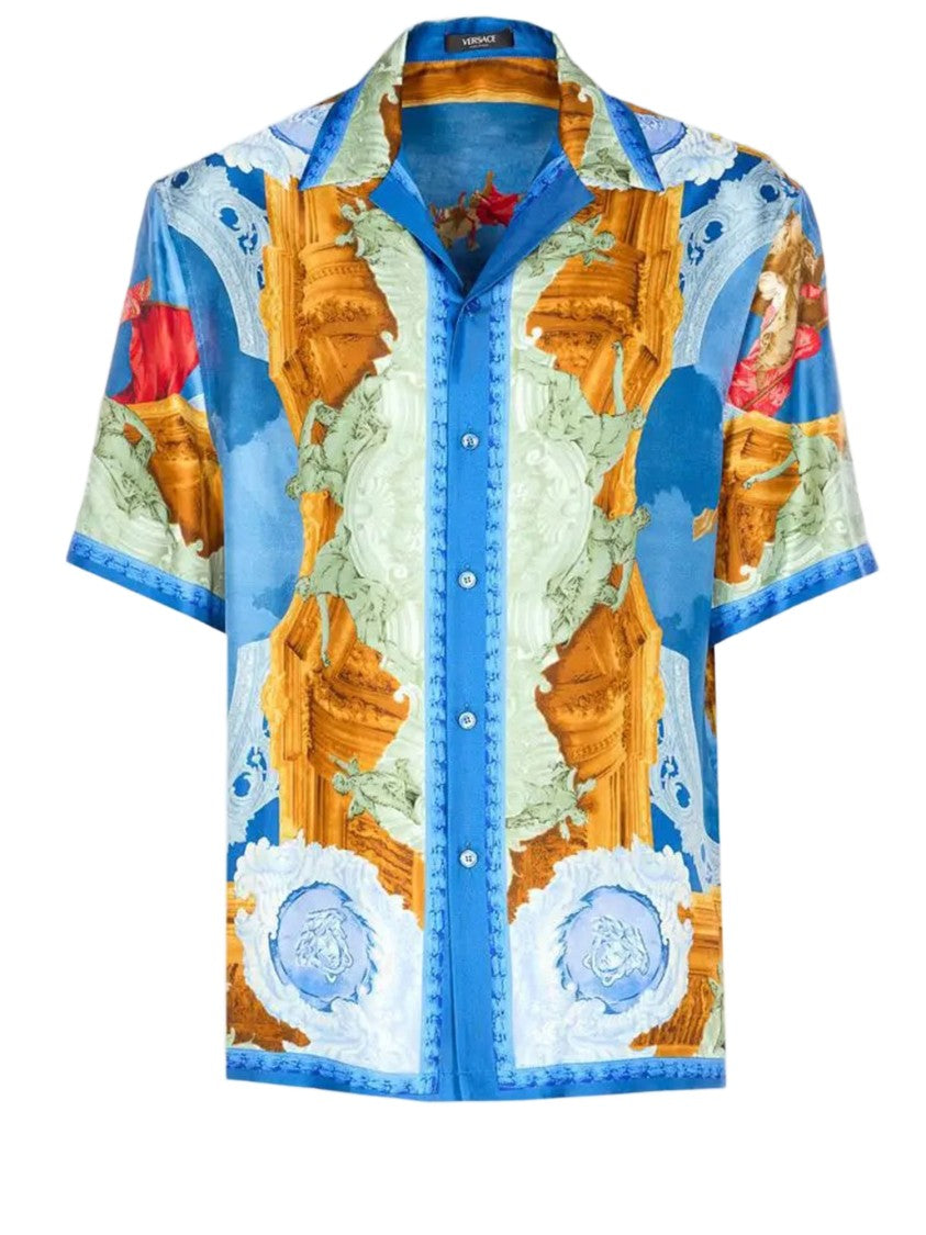 Versace Short-Sleeved Silk Twill Shirt With Fresco Print