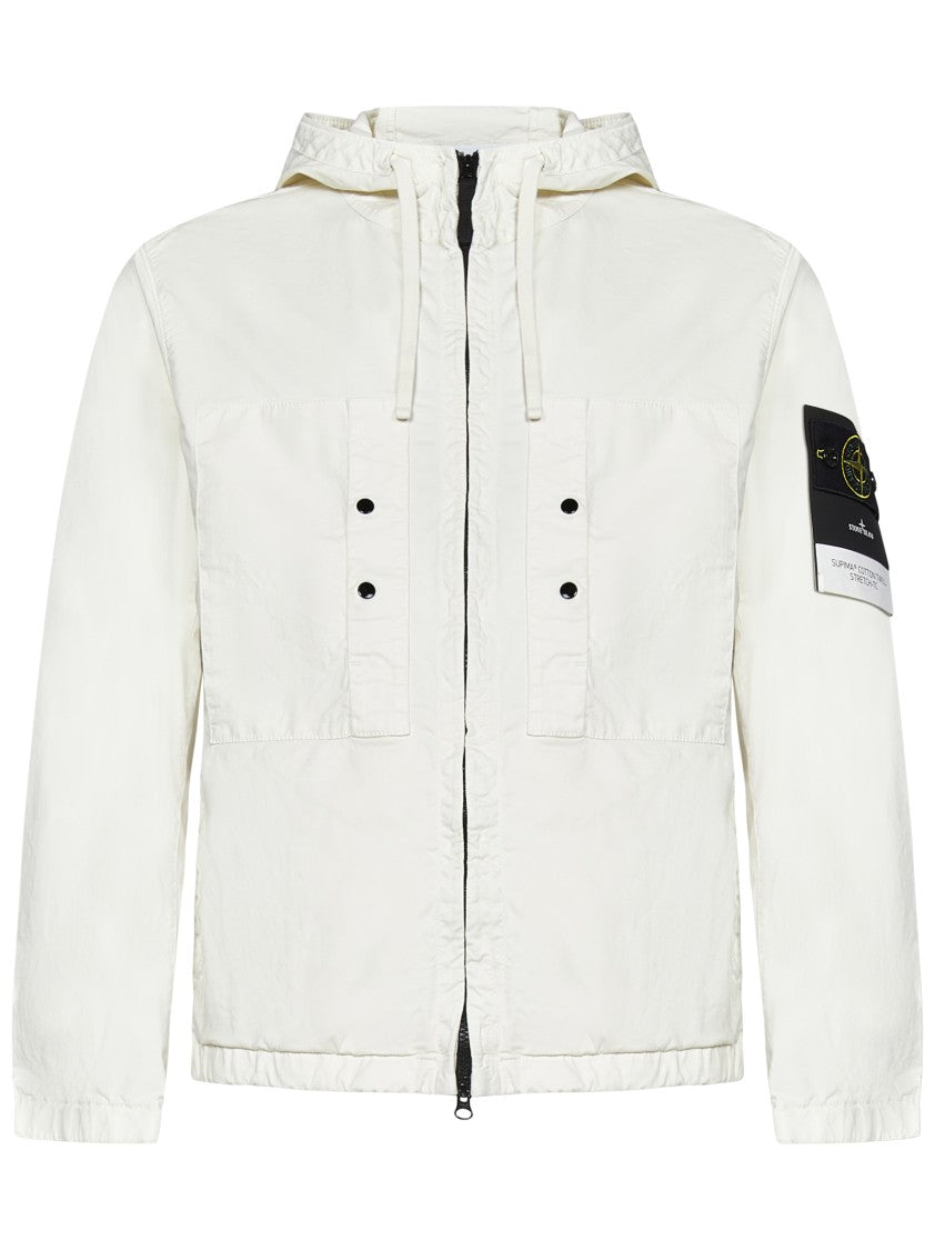 Stone Island Hooded White Jacket In Supima® Cotton Twill