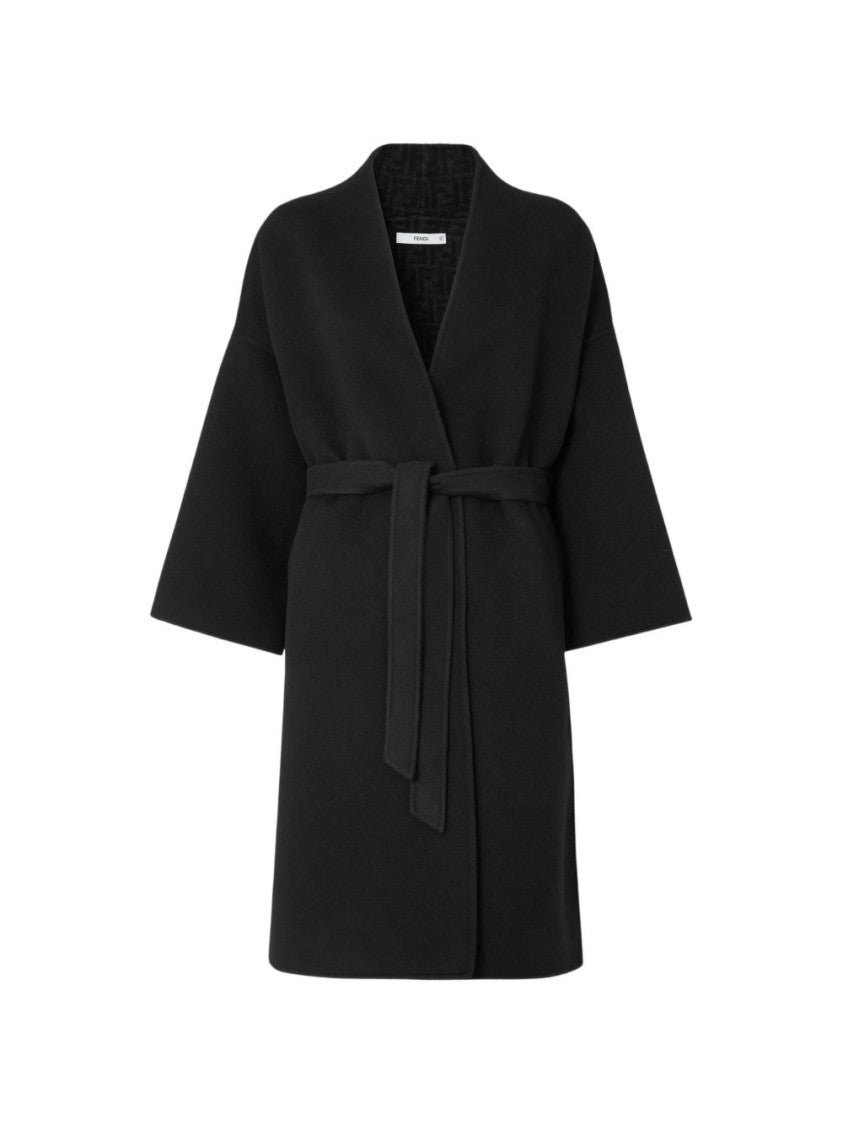 Fendi Black Ff Zucca Belted Wool Midi Coat