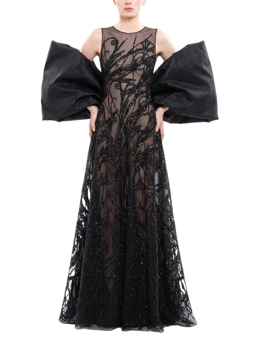 Saiid Kobeisy Bronze Tulle Evening Dress With Embroidery And Dramatic Cape